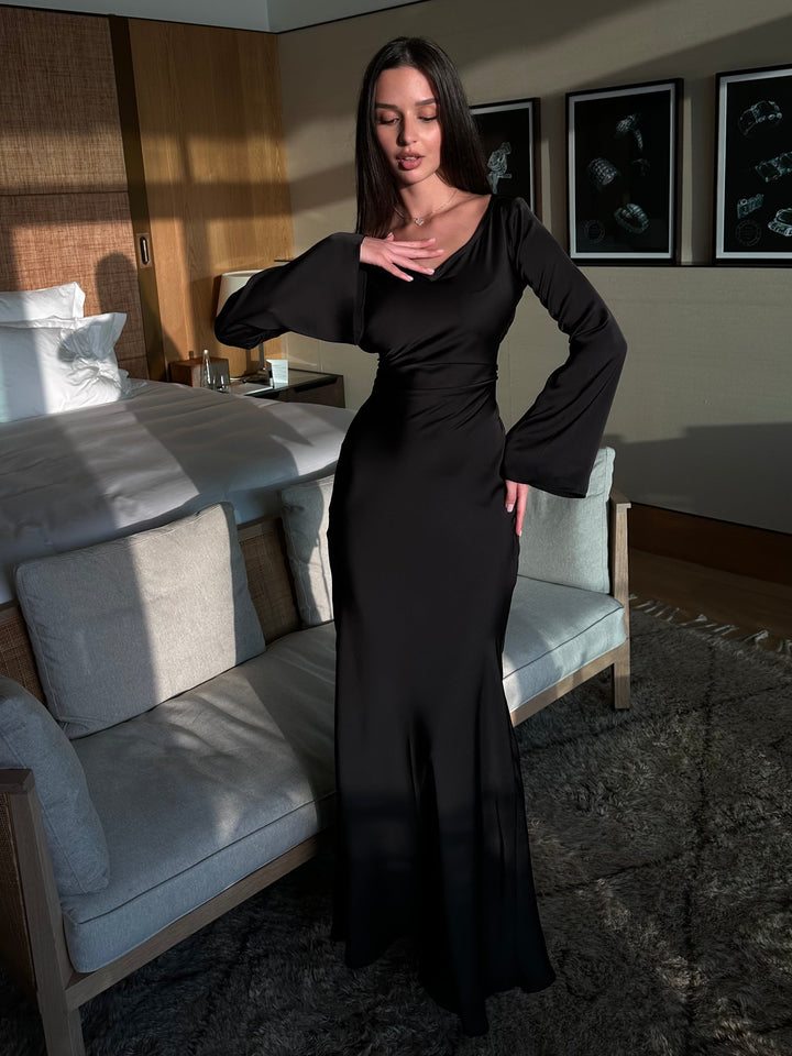 Women’s Maxi Dress with Long Sleeves and Waist Tie