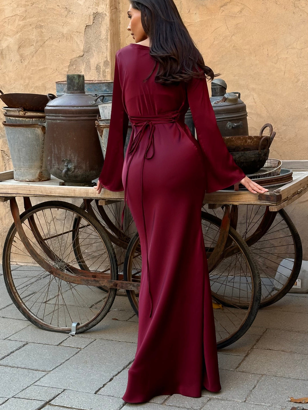 Women’s Maxi Dress with Long Sleeves and Waist Tie