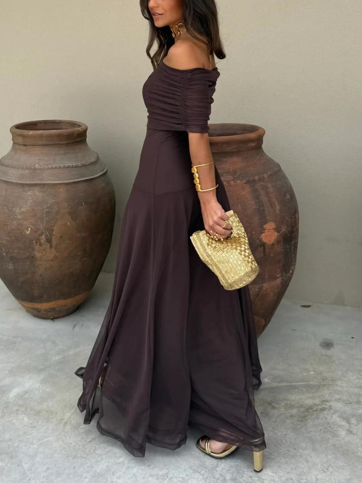 Women’s Maxi Dress with Off-Shoulder Neckline and Gathered Bodice