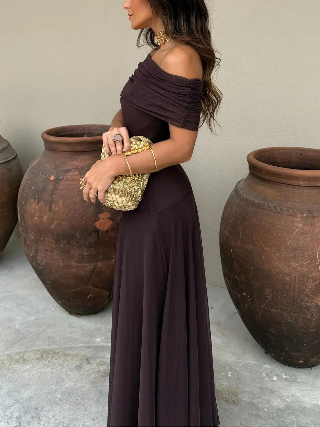 Women’s Maxi Dress with Off-Shoulder Neckline and Gathered Bodice