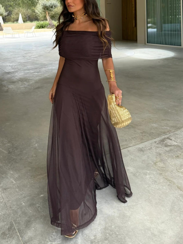 Women’s Maxi Dress with Off-Shoulder Neckline and Gathered Bodice
