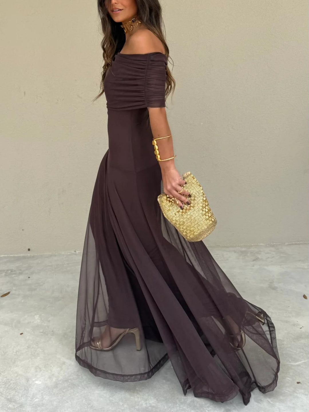 Women’s Maxi Dress with Off-Shoulder Neckline and Gathered Bodice