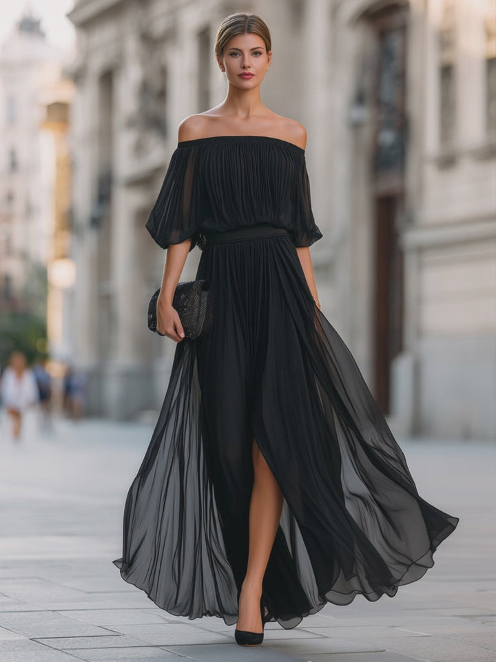 Women’s Maxi Dress with Off-Shoulder Neckline and Pleated Skirt