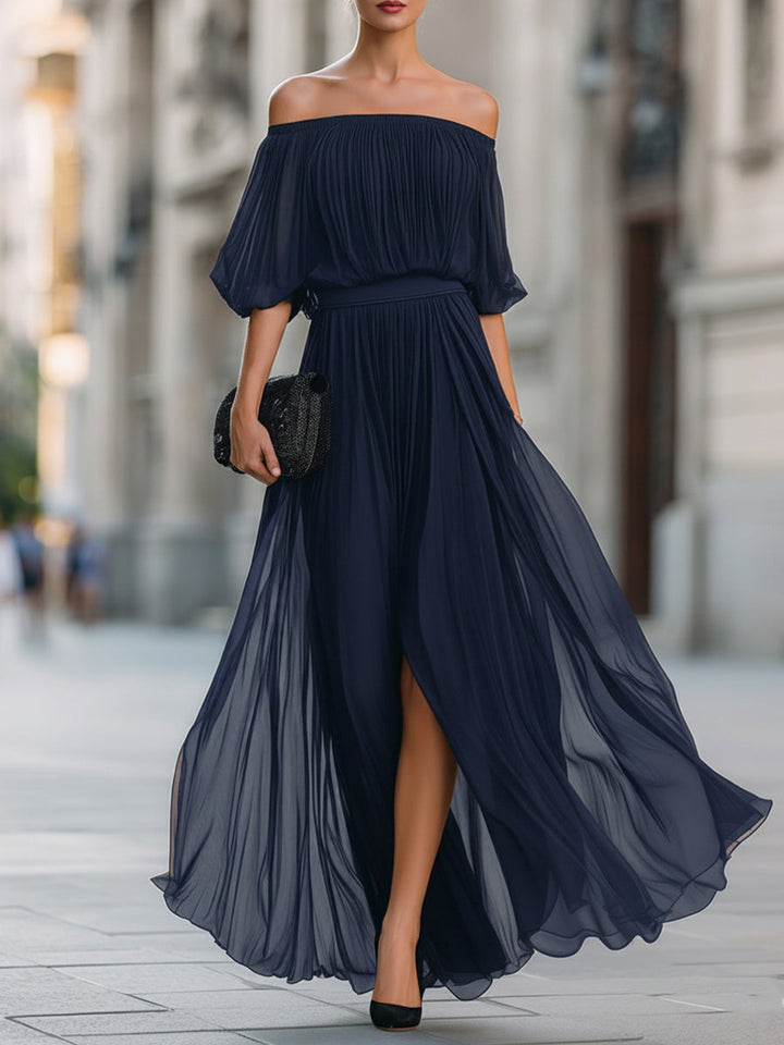 Women’s Maxi Dress with Off-Shoulder Neckline and Pleated Skirt