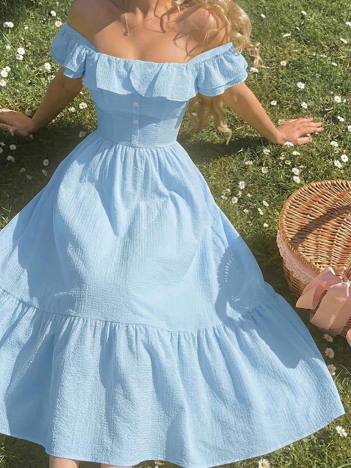 Women’s Maxi Dress with Off-Shoulder Ruffle and Button Front