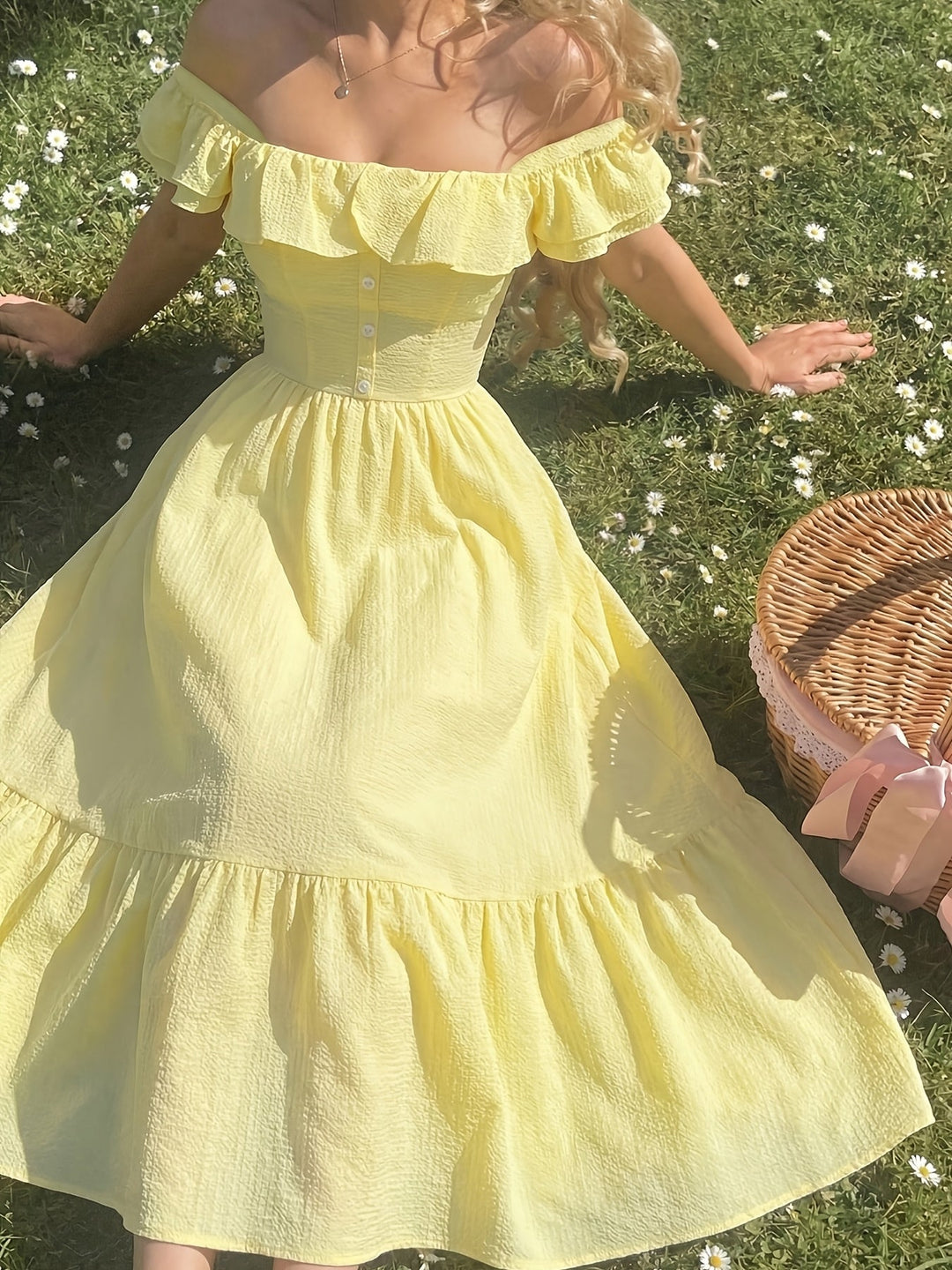 Women’s Maxi Dress with Off-Shoulder Ruffle and Button Front