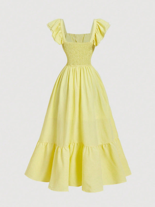 Women’s Maxi Dress with Off-Shoulder Ruffle and Button Front