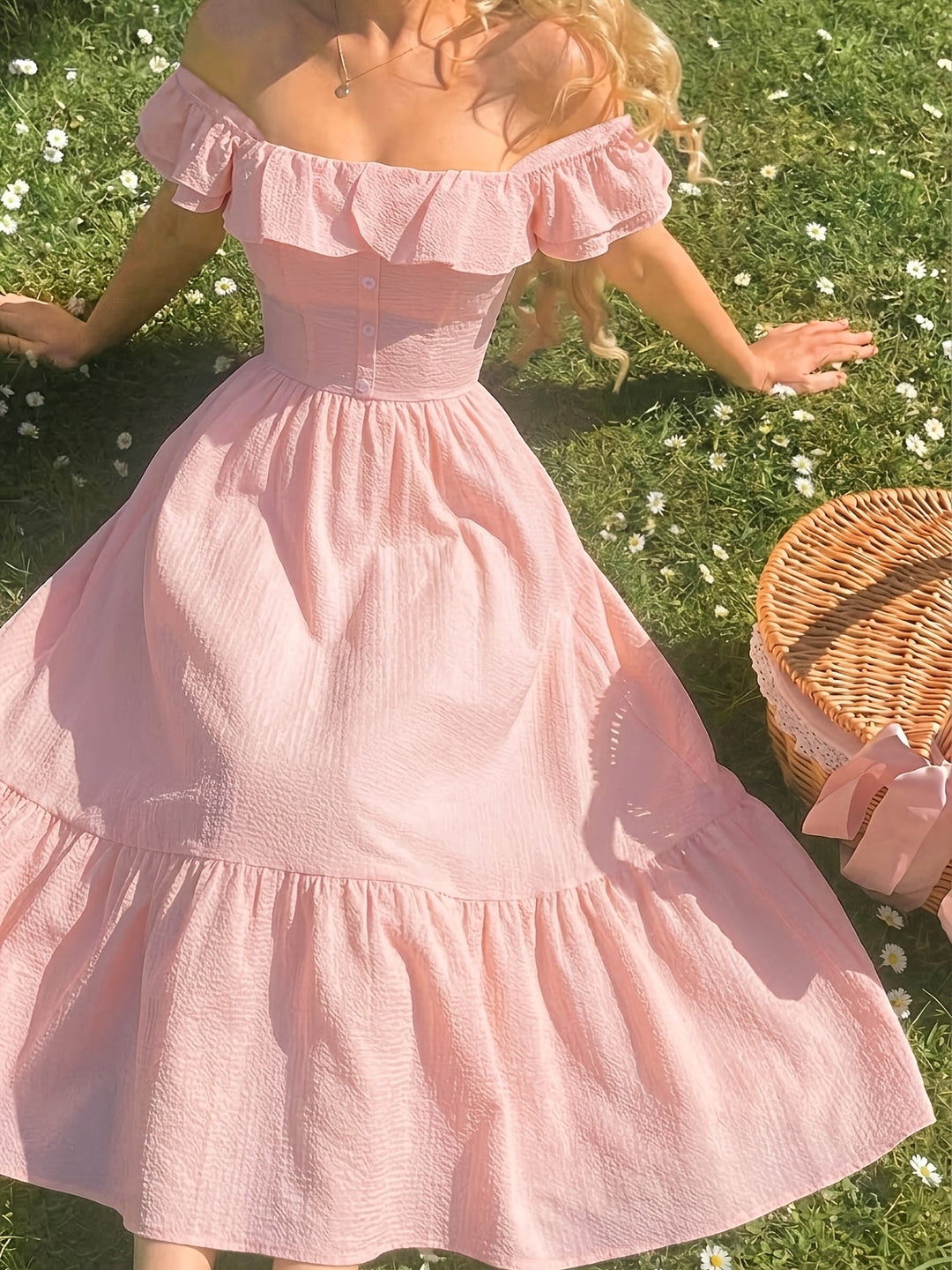 Women’s Maxi Dress with Off-Shoulder Ruffle and Button Front