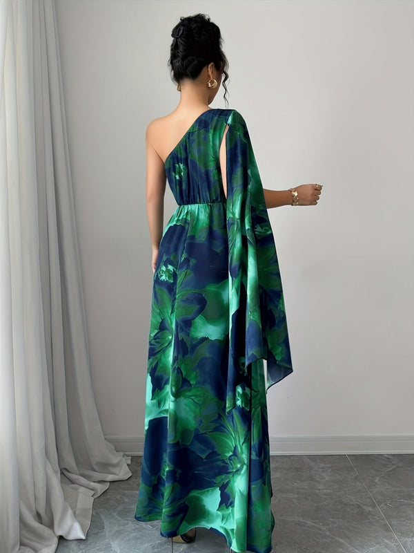 Women’s Maxi Dress with One-Shoulder Neckline and Floral Print