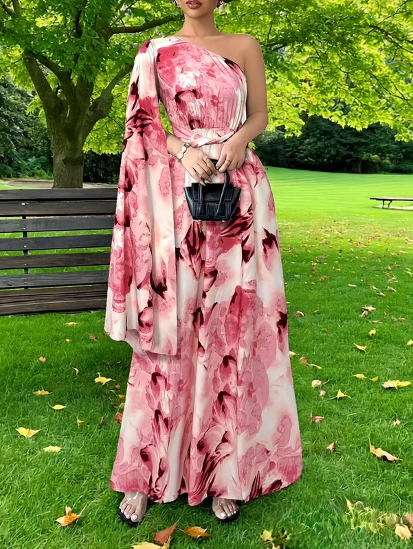 Women’s Maxi Dress with One-Shoulder Neckline and Floral Print
