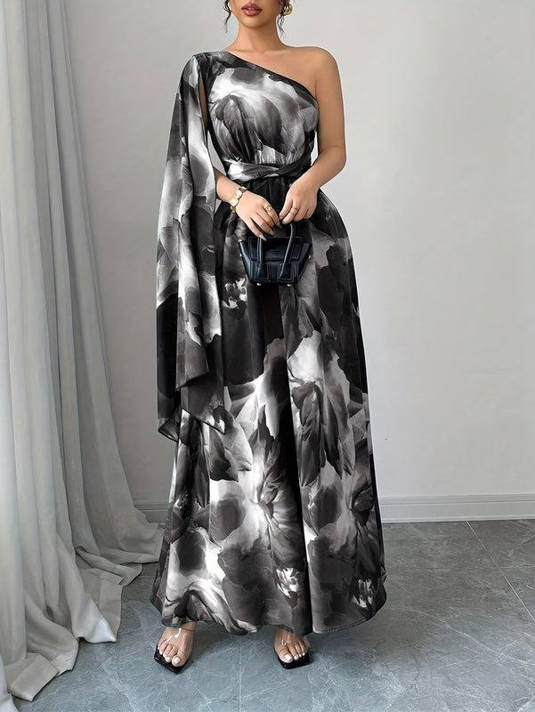 Women’s Maxi Dress with One-Shoulder Neckline and Floral Print