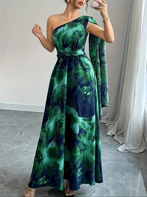 Women’s Maxi Dress with One-Shoulder Neckline and Floral Print