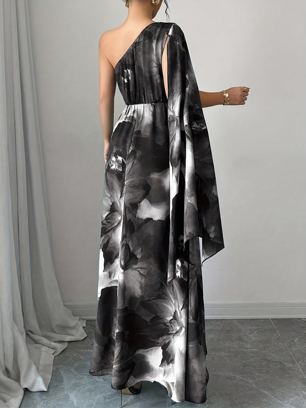 Women’s Maxi Dress with One-Shoulder Neckline and Floral Print