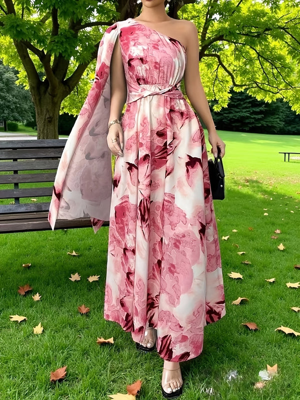 Women’s Maxi Dress with One-Shoulder Neckline and Floral Print