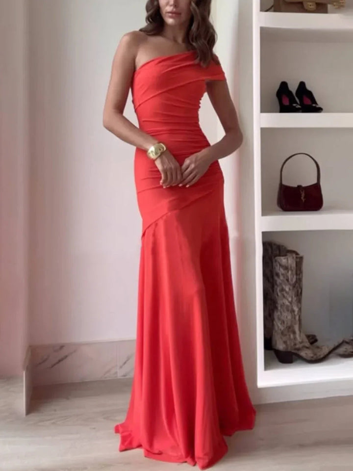Women’s Maxi Dress with One-Shoulder Neckline and Gathered Bodice