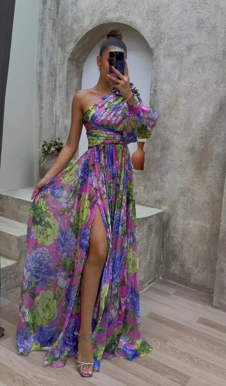 Women’s Maxi Dress with One-Shoulder Neckline and Side Slit