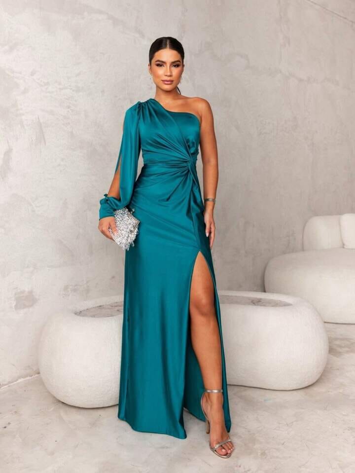 Women’s Maxi Dress with One-Shoulder Neckline and Side Slit