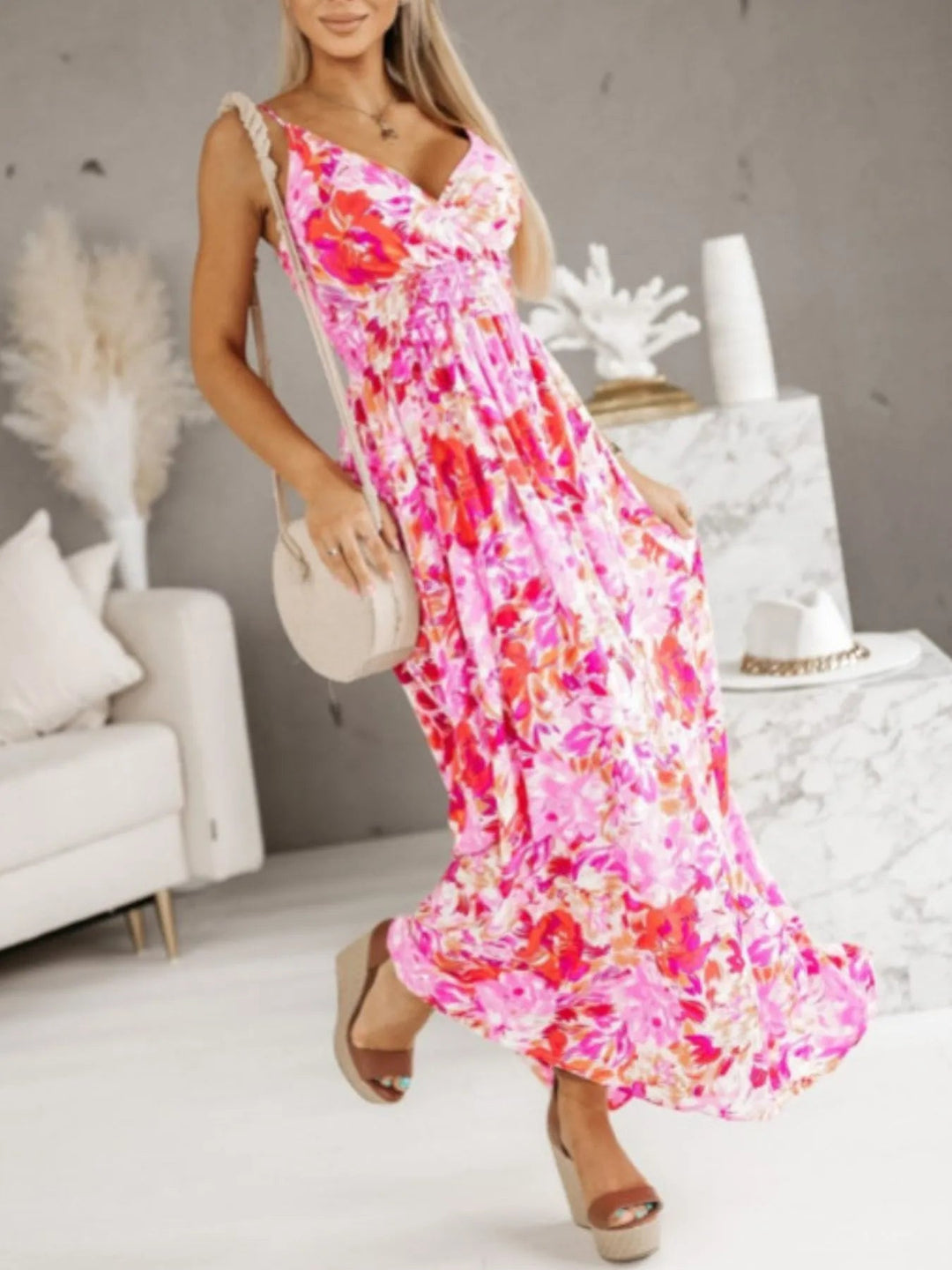 Women’s Maxi Dress with Plunge Neckline and Laced Back