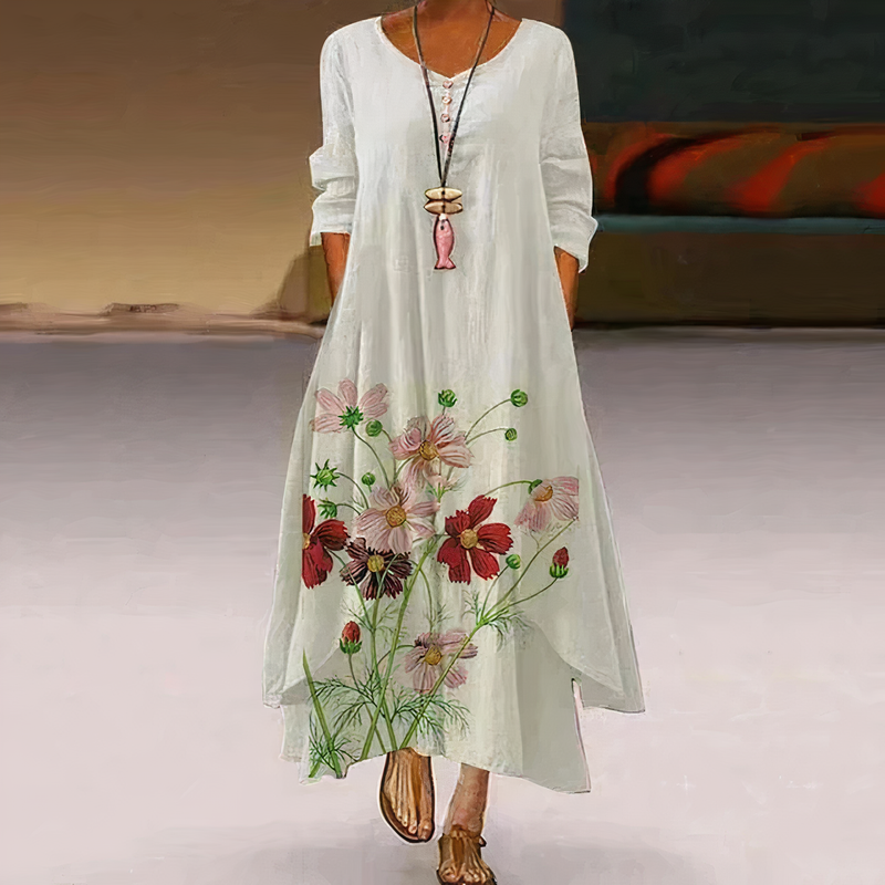 Women’s Maxi Dress with Round Neckline and Long Sleeves
