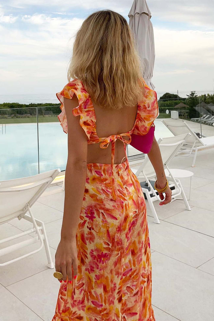 Women’s Maxi Dress with Ruffle Straps and Tie-Back Closure