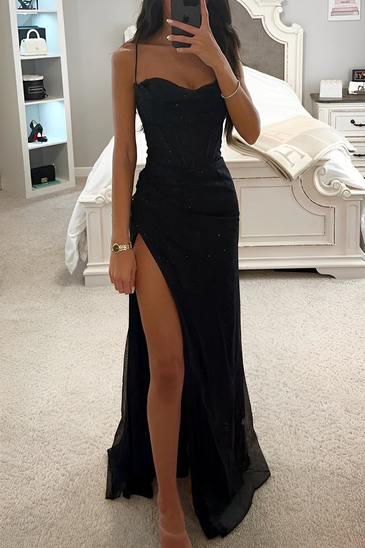 Women’s Maxi Dress with Shoulder Straps and Front Slit