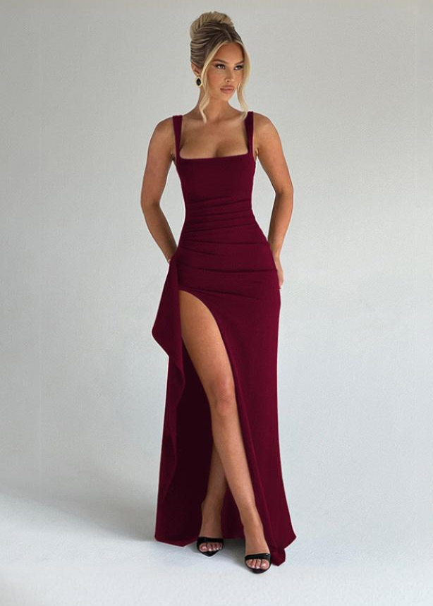 Women’s Maxi Dress with Square Neckline and High Side Slit