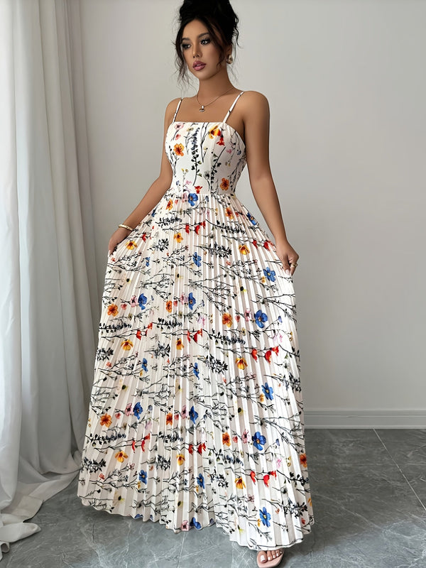 Women’s Maxi Dress with Square Neckline and Pleated Skirt