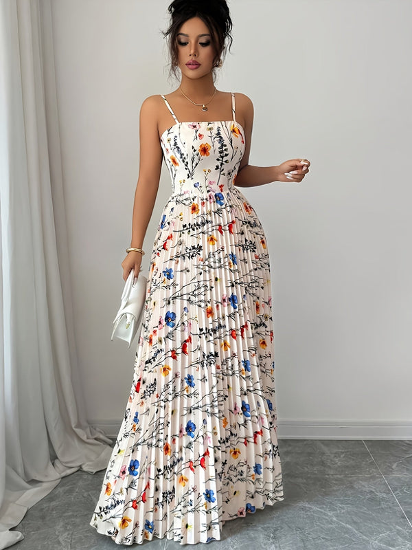Women’s Maxi Dress with Square Neckline and Pleated Skirt