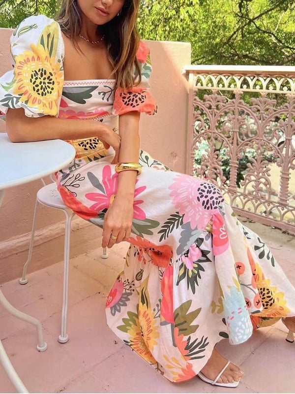 Women’s Maxi Dress with Square Neckline and Puff Sleeves