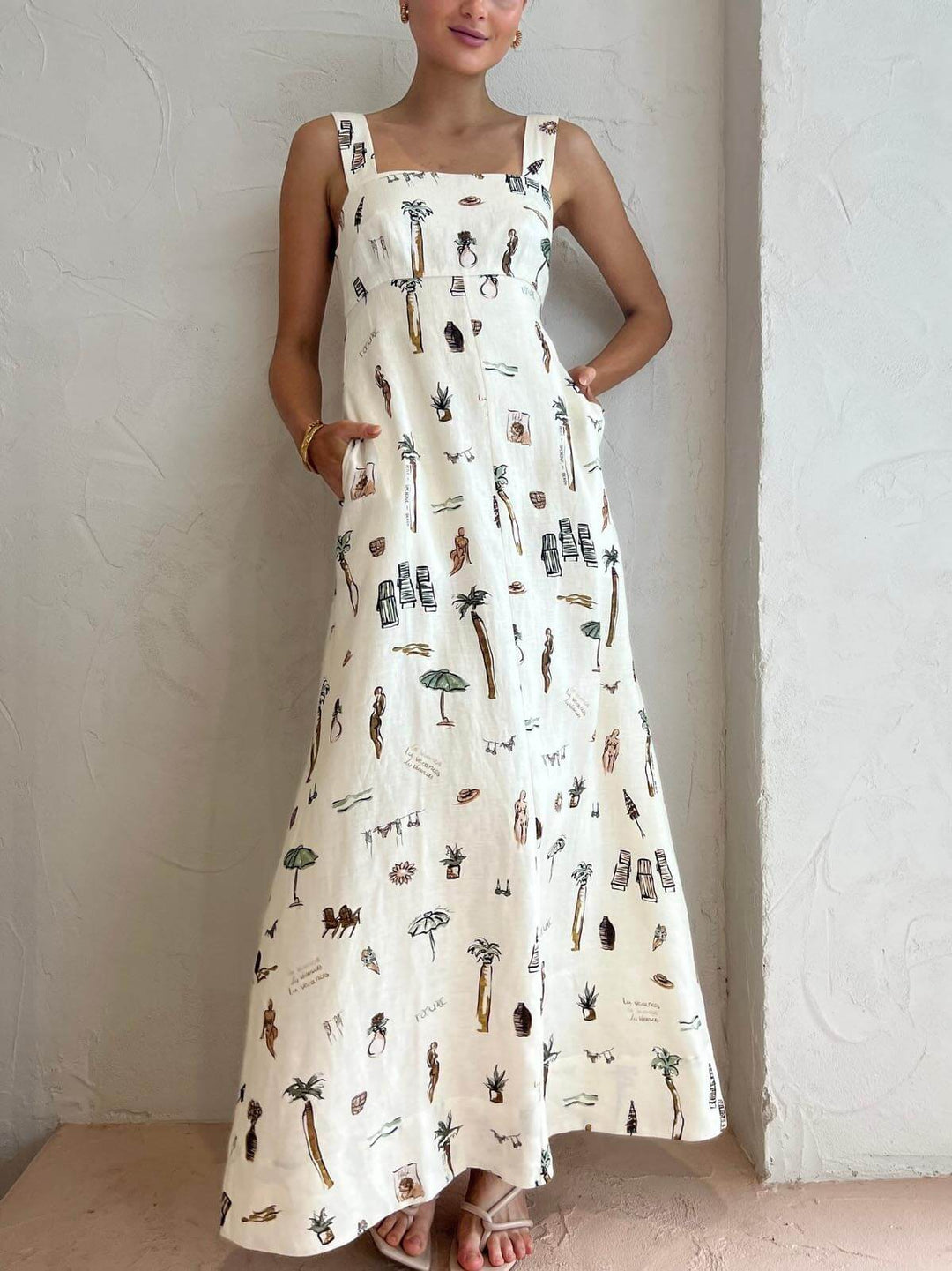 Women’s Maxi Dress with Square Neckline and Side Pockets