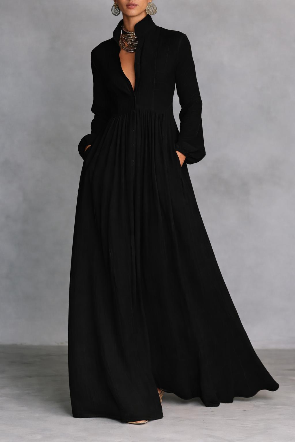 Women’s Maxi Dress with Stand Collar and Front Button Closure