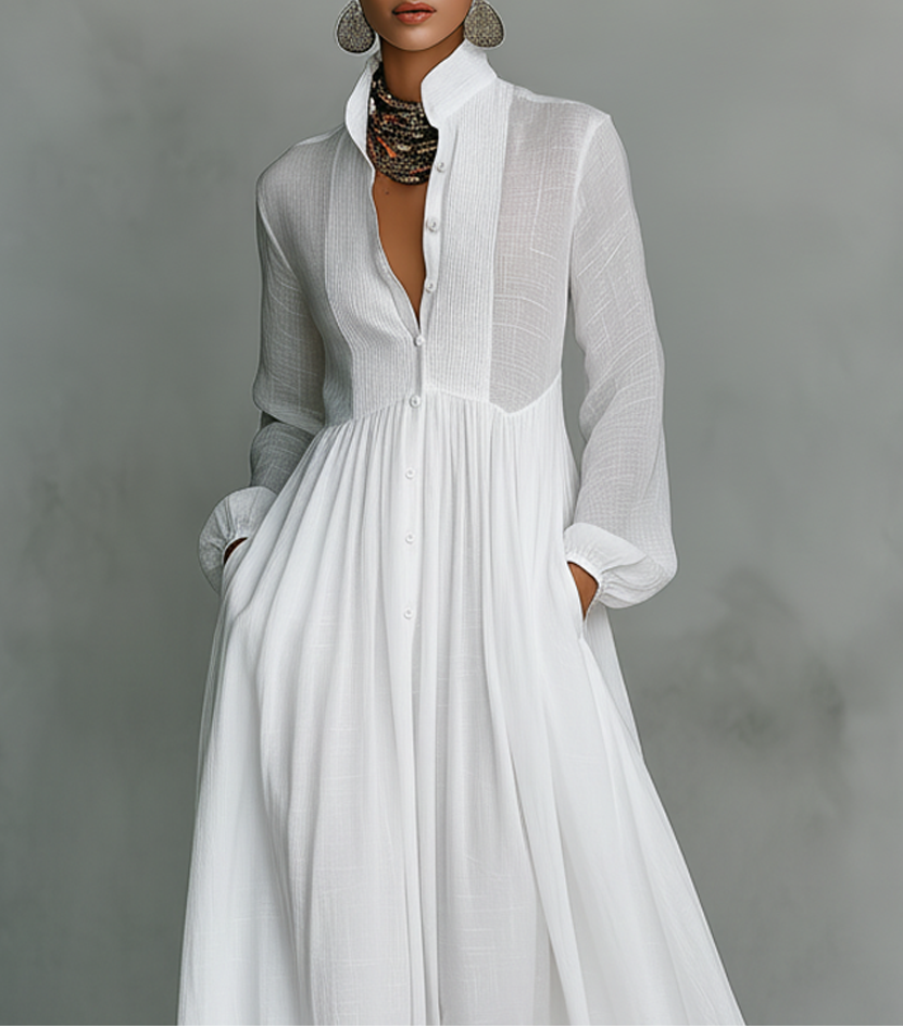 Women’s Maxi Dress with Stand Collar and Front Button Closure