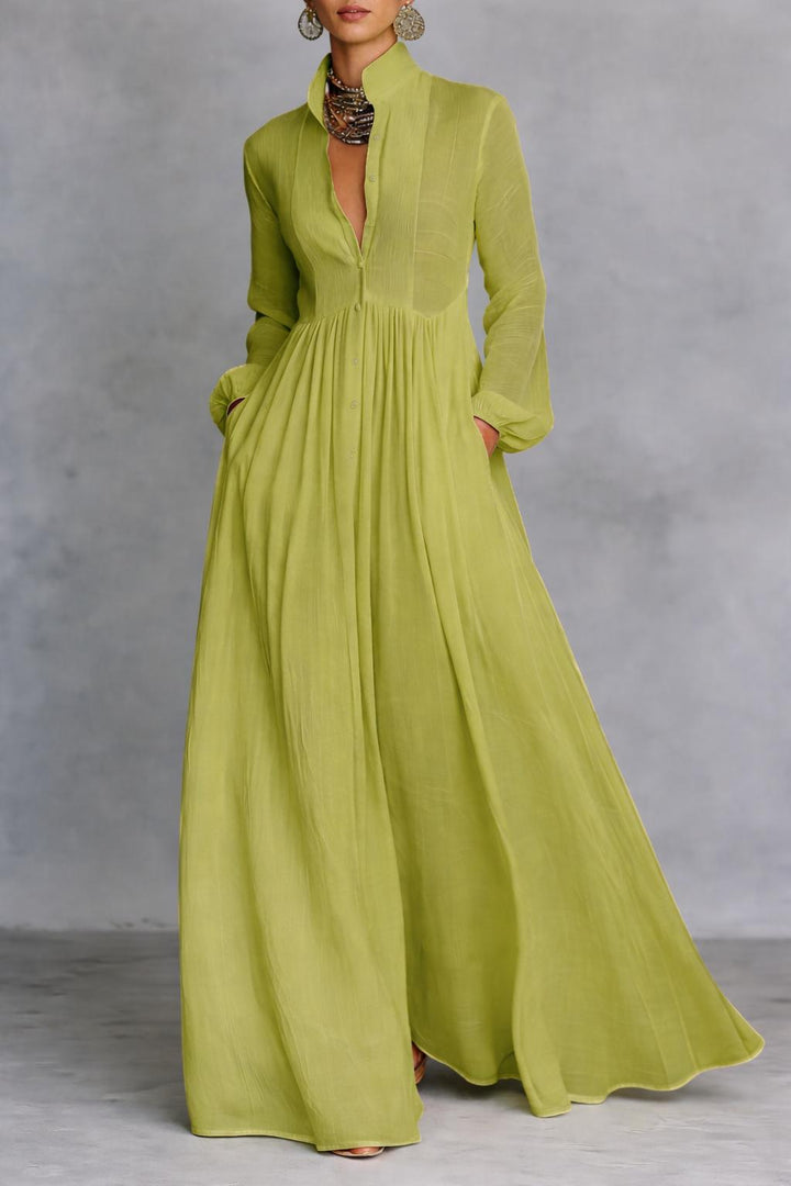 Women’s Maxi Dress with Stand Collar and Front Button Closure