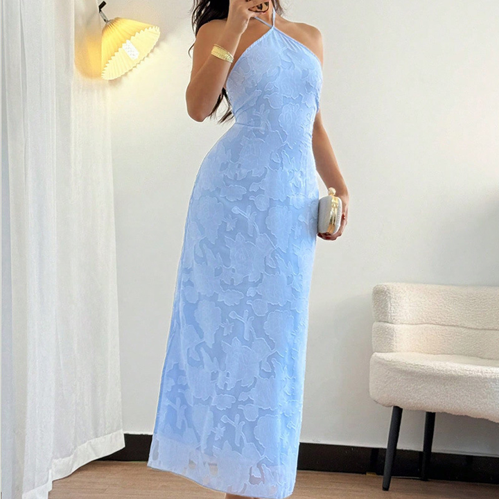 Women’s Maxi Dress with Straight Neckline and Lace-Up Back