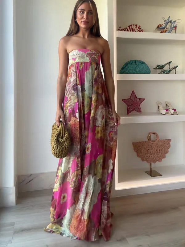 Women’s Maxi Dress with Strapless Neckline and Floral Print