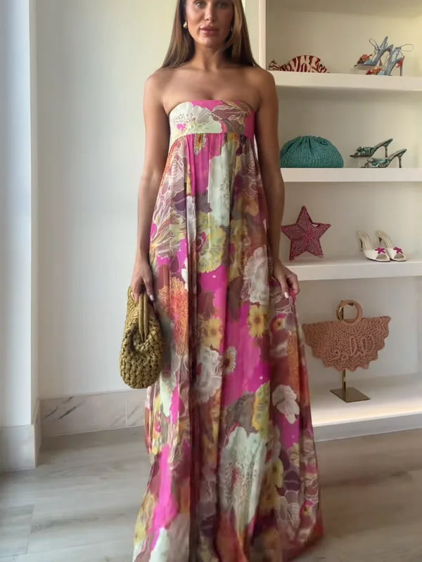 Women’s Maxi Dress with Strapless Neckline and Floral Print