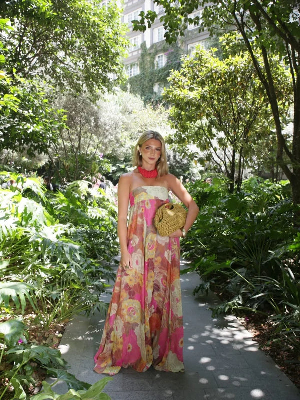 Women’s Maxi Dress with Strapless Neckline and Floral Print