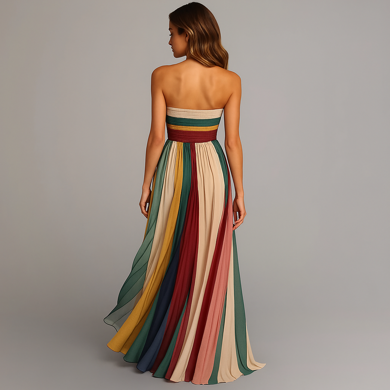 Women’s Maxi Dress with Strapless Neckline and Pleated Panels
