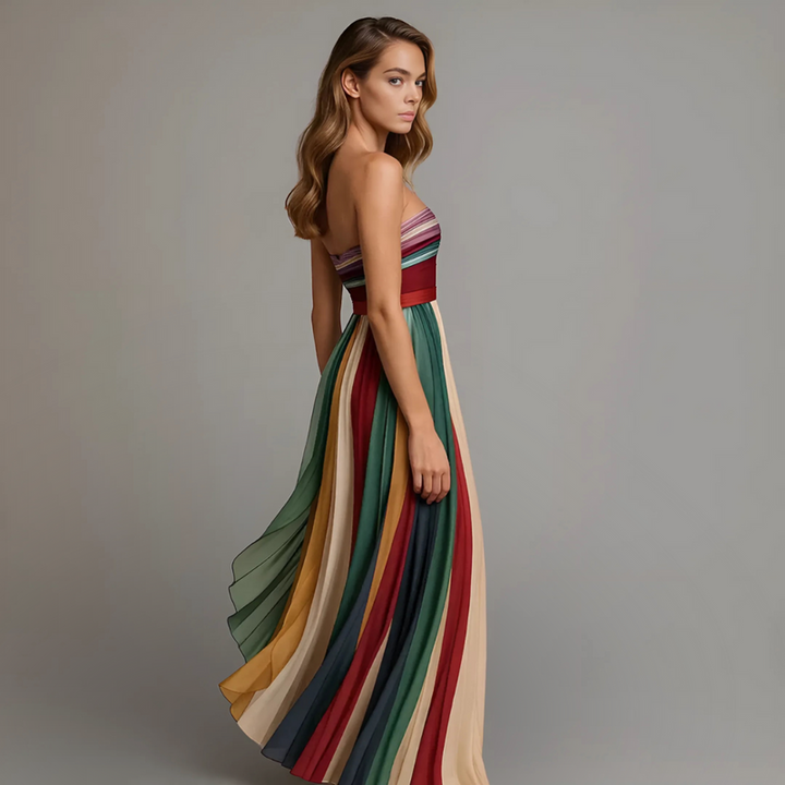 Women’s Maxi Dress with Strapless Neckline and Pleated Panels