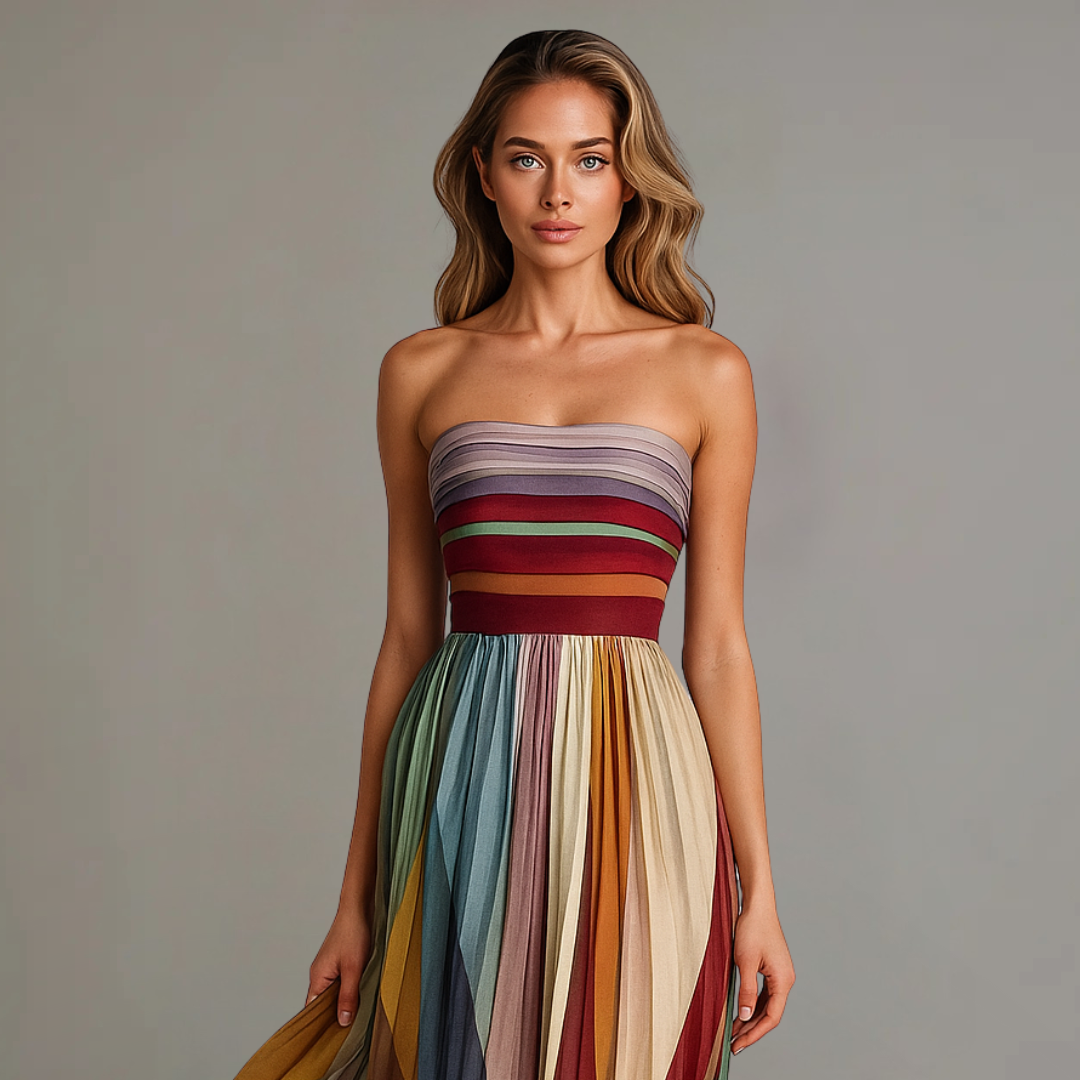 Women’s Maxi Dress with Strapless Neckline and Pleated Skirt
