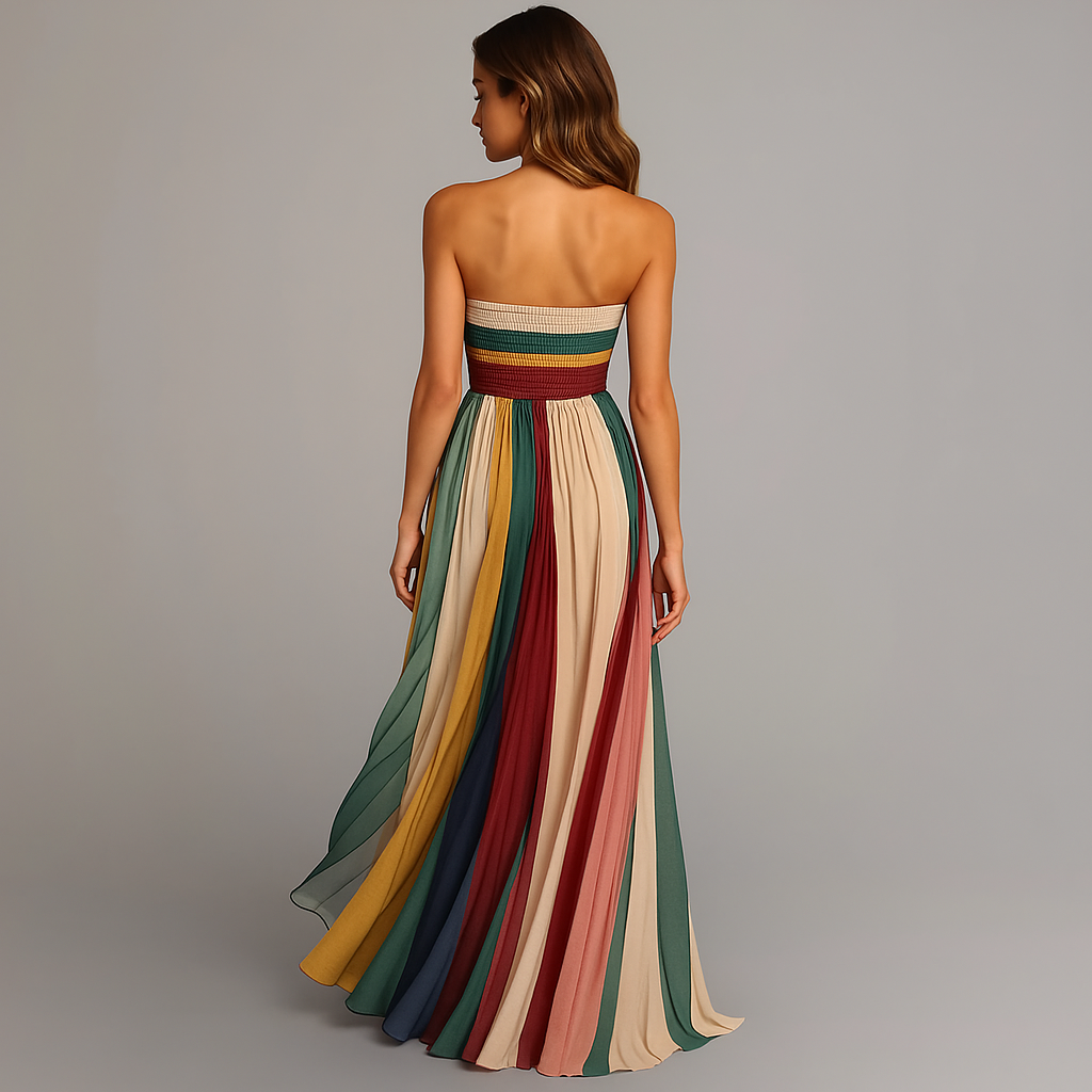Women’s Maxi Dress with Strapless Neckline and Pleated Skirt