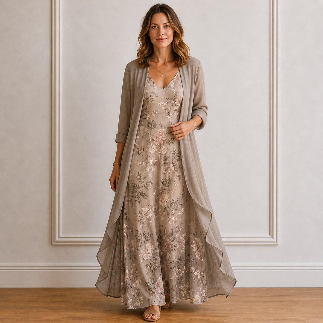 Women’s Maxi Dress with V-Neckline and Lightweight Cardigan