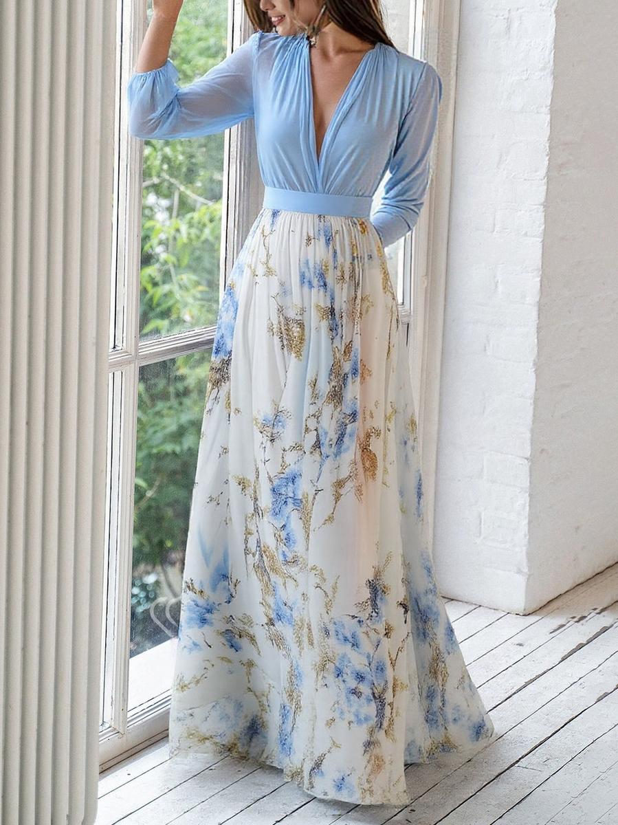 Women’s Maxi Dress with V-Neckline and Long Sleeves