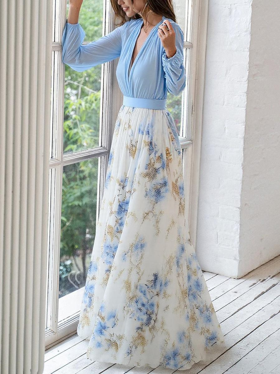 Women’s Maxi Dress with V-Neckline and Long Sleeves