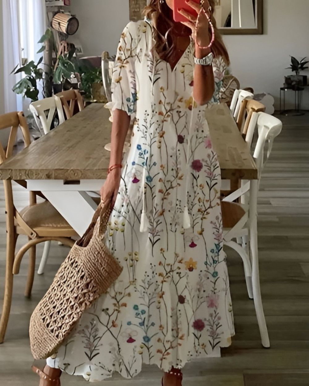 Women’s Maxi Dress with V-Neckline and Tassel Ties