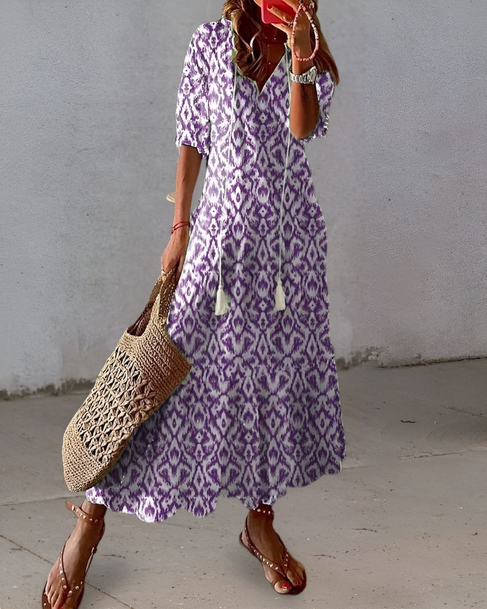 Women’s Maxi Dress with V-Neckline and Tassel Ties