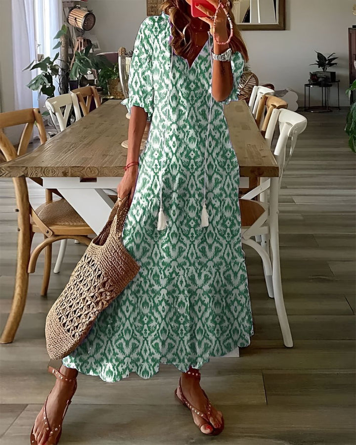 Women’s Maxi Dress with V-Neckline and Tassel Ties