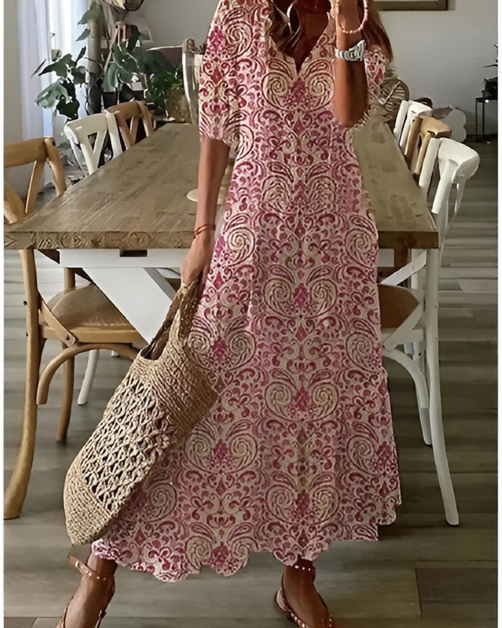 Women’s Maxi Dress with V-Neckline and Tassel Ties