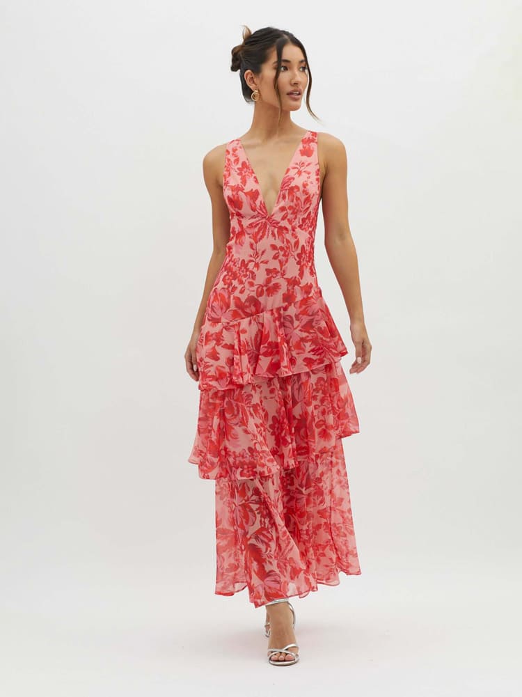 Women’s Maxi Dress with V-Neckline and Tie-Back Closure
