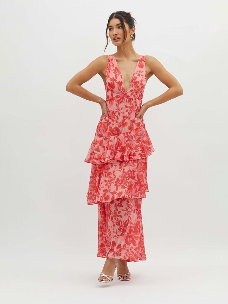 Women’s Maxi Dress with V-Neckline and Tie-Back Closure